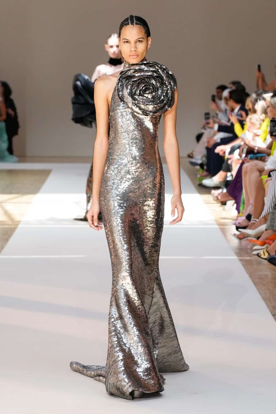 This Ellie Saab-designed dress from Paris Fashion Week 2022 combined the event's prominent metallic and floral trends.