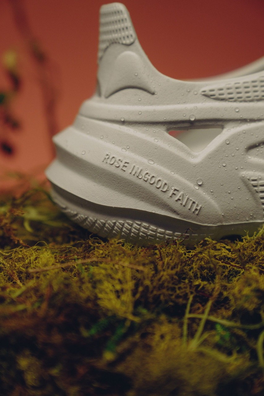 Close-up on the heel of Rose in Good Faith's upcycled Plastic Soul sneaker.