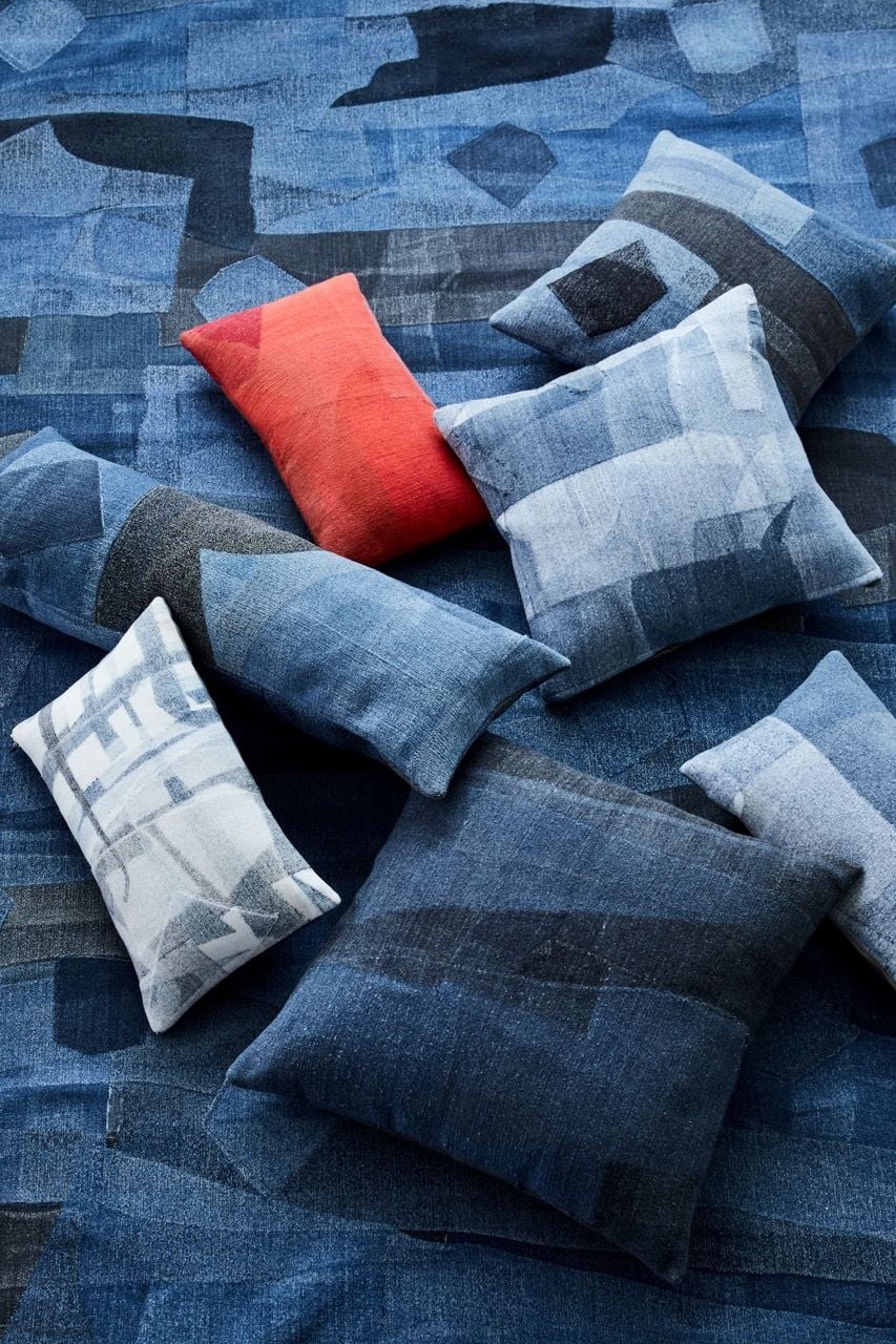 Elegant upcycled throw pillows featured in the new West Elm + Eileen Fisher Collection. 