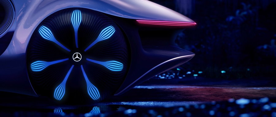 Close-up view of the Mercedes-Benz VISION AVTR's futuristic lit up wheels.
