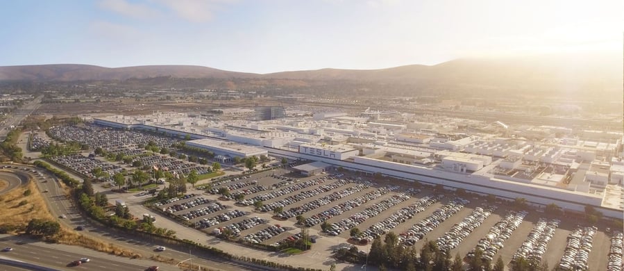Aerial view of car manufacturer Tesla's factory in Fremont, California. 