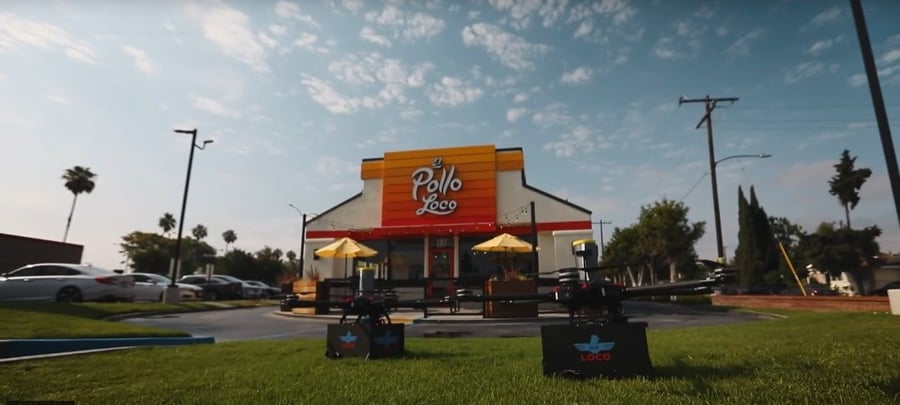 El Pollo Loco's Air Loco delivery drones stationed out front of a SoCal restaurant location.