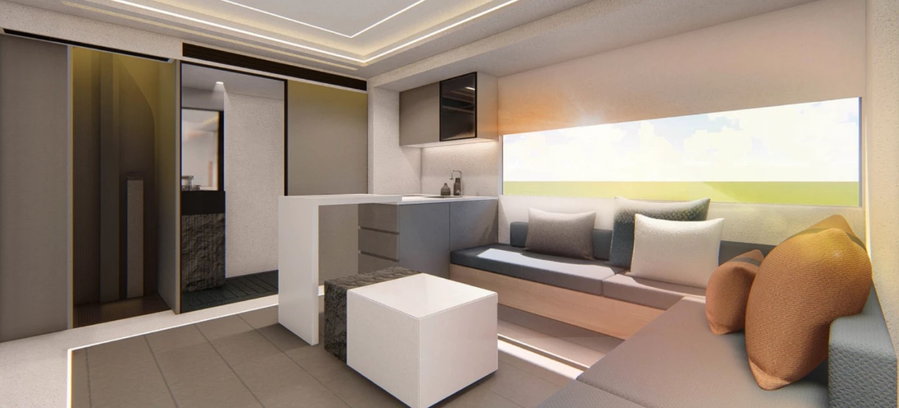 Rendering of the kitchen space in the two-story Maxus Life Home V90 RV, with the elevator up to the second story visible in the background.