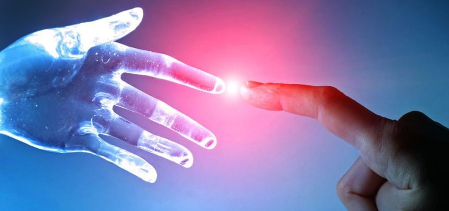 An AI hand reaches out toward a human one as a symbol of unity. 
