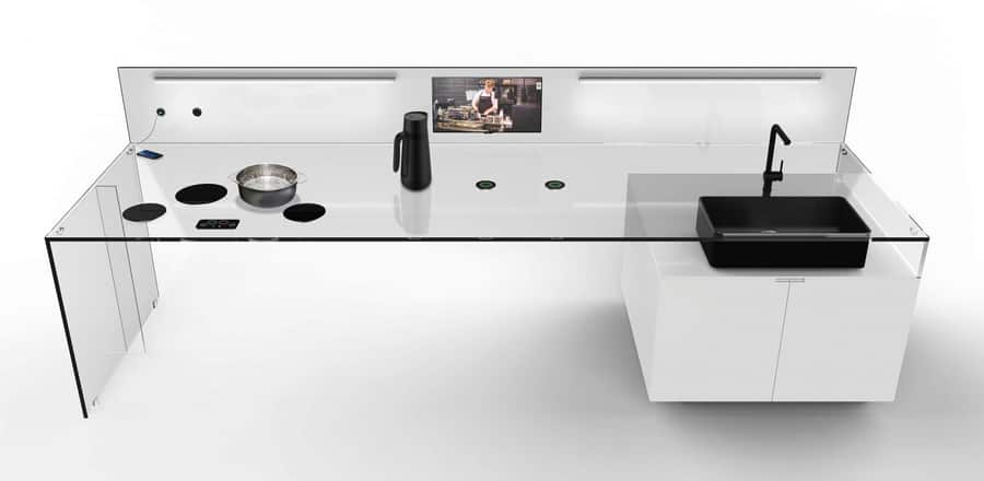 Power-Tap glass provides power to all the appliances and fixtures on this sleek glass countertop.