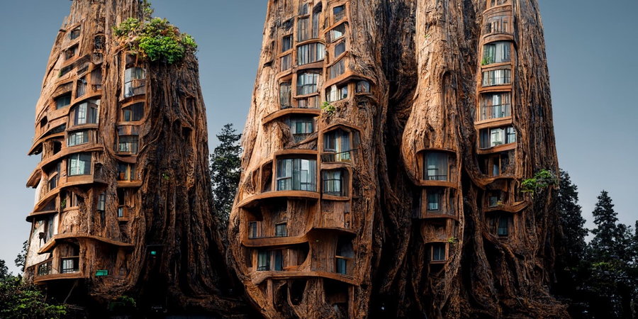 Futuristic apartment buildings built from massive redwood trees, envisioned by Manas Bhatia with the help of AI art generators. 