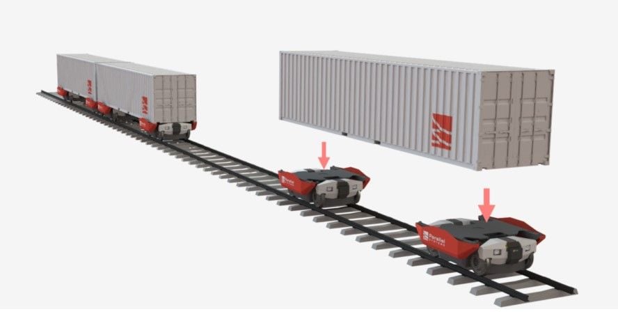 Graphic shows how shipping containers attach to Parallel Systems' innovative self-driving electric freight trains.