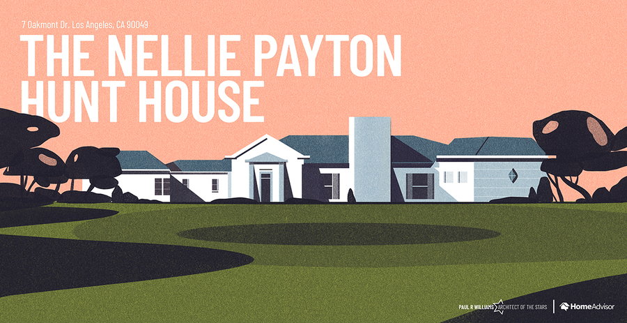 Colorful illustration of the Paul R. WIlliams-designed The Nellie Payton Hunt House, as featured in a new tribute from HomeAdvisor. 