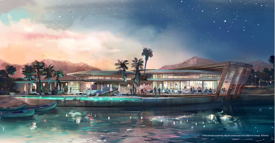 Futuristic lakefront community center at Disney's upcoming Cotino residential community in California's Coachella Valley.