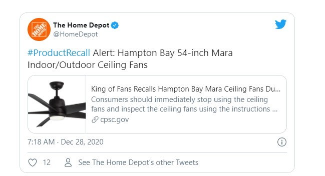 Home Depot recalls the Hampton Bay Mara fan in an official tweet.
