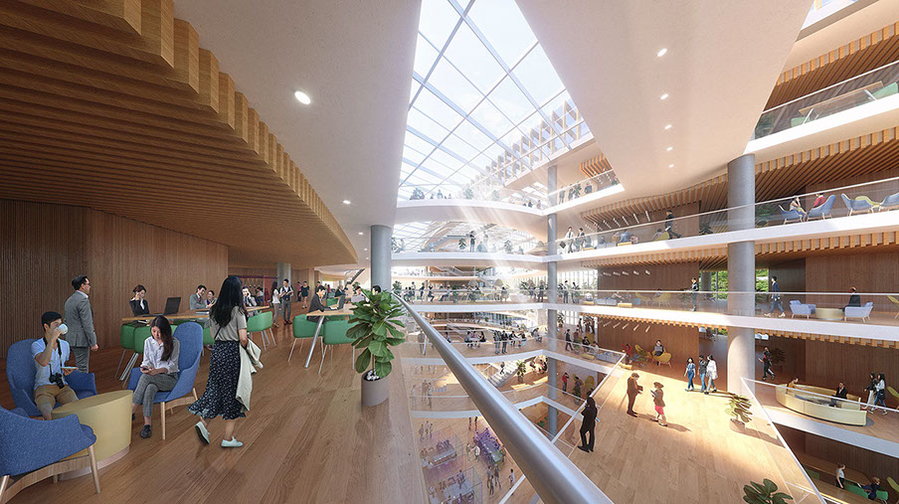 Inside the main atrium of PLP Architecture's proposed research and development facility in China's Lijia Intelligent Park.