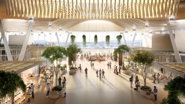 When complete, the Portland International Airport's sustainably-built main terminal with feature lots of timber, greenery, and natural light. 