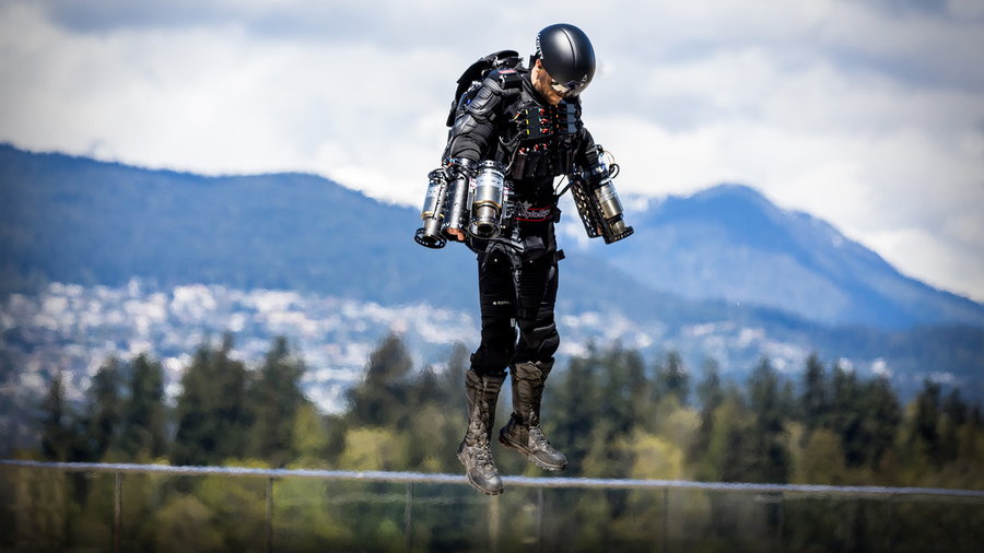 Gravity Industries' futuristic Jet Suit, recently tested by the British Royal Navy for its pirate-fighting abilities.