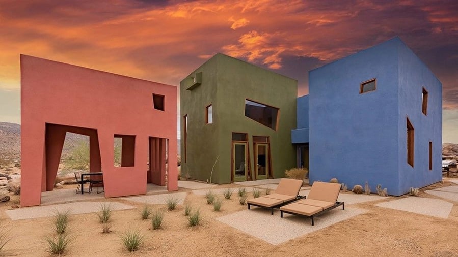The multi-colored Monument House in Joshua Tree, California, designed by Josh Schweitzer.