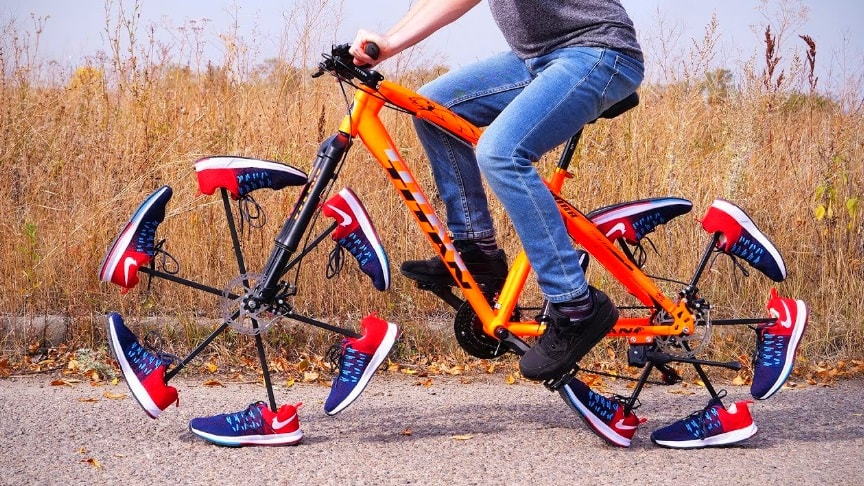 This design from Youtube channel the Q sees a traditional bicycle tire swapped out for six stylish Nike sneakers.