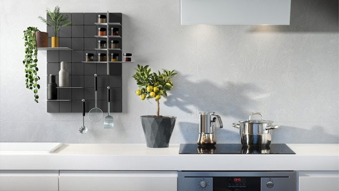 A simple gray KUR!O system makes for impeccable organization in cluttered areas like the kitchen. 