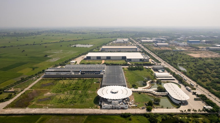 Overhead view of the sustainable Secure Sanand Electronics Manufacturing Factory in Gujarat, India, designed by Studio SAAR.