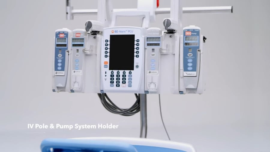Close-up of the Honda Shogo's Honda built-in IV Pole and Pump Holder, made for the convenience of the patients.