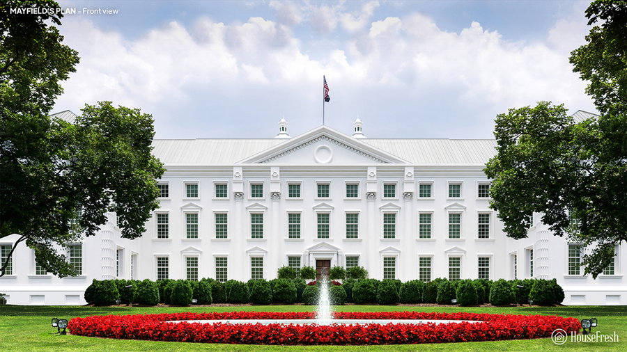 Front view of the Andrew Mayfield Carshore-designed White House.