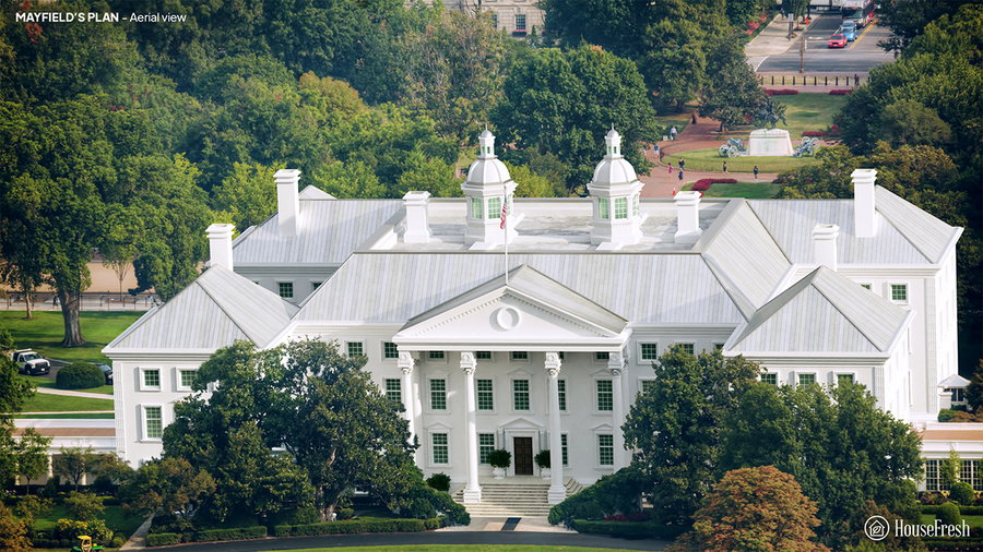 Aerial view of the Andrew Mayfield Carshore-designed White House.