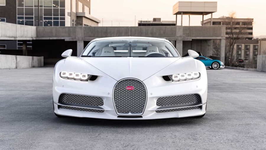 Front view of Post Malone's all-white 2019 Bugatti Chiron gives a better look at the car's custom silver mesh front grill.