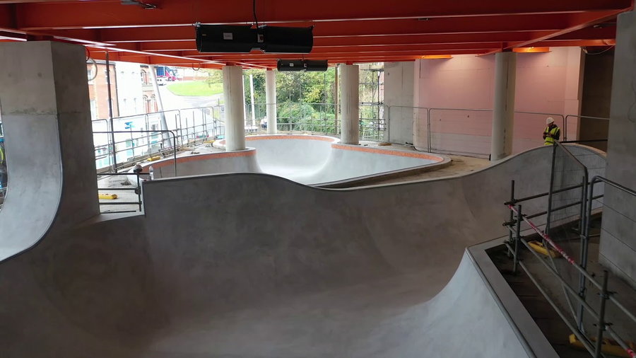Expansive concrete bowls inside the Guy Holloway-designed F51 multi-story skatepark.