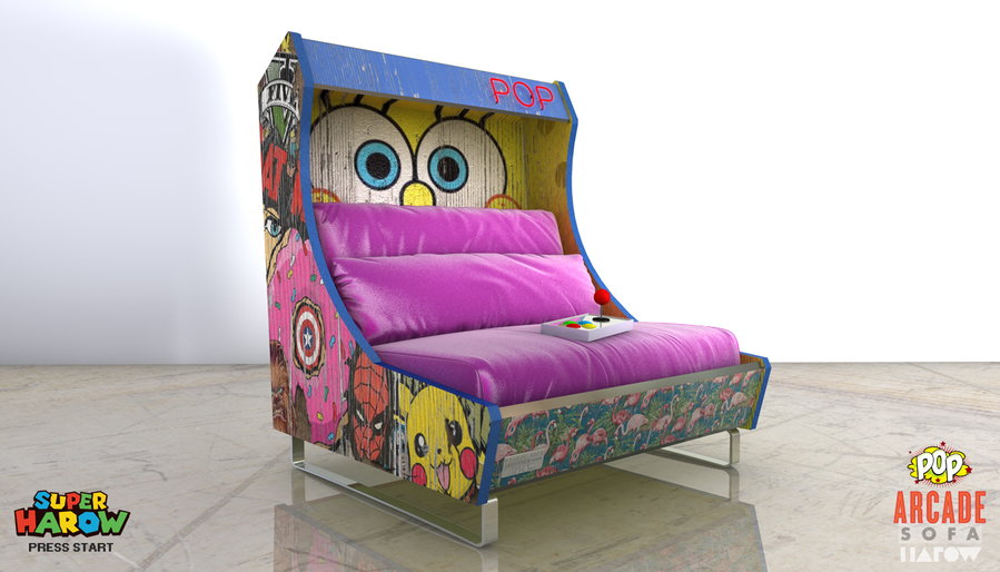 Pop-themed Arcade Chair by Harow adorned with Spongebob, Pokémon, and and Spiderman prints.  