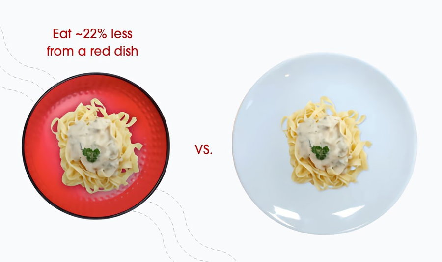 Graphic explains that the IGGI Bowl's red hue also helps you eat less than you normally would. 