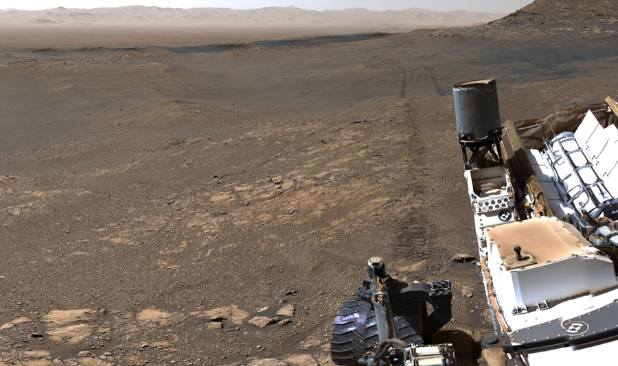 NASA's Curiosity Rover makes its way around the Martian surface to take a stunning 360-degree photo.