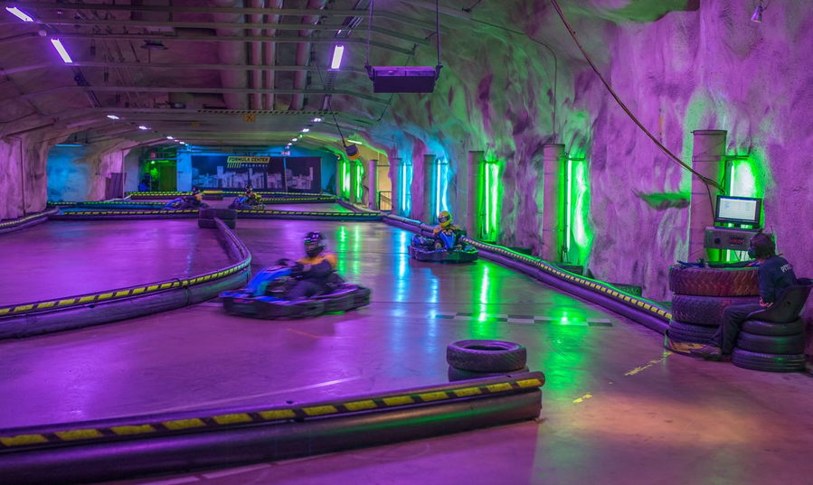 Colorful go-kart track inside one of Finland's many underground bunkers.