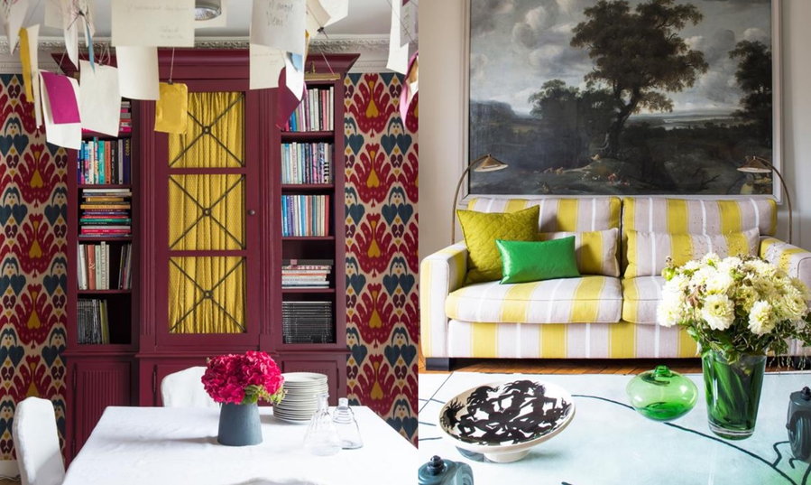 Vibrant textiles adorn the walls and furniture inside the Pierre Frey owners' hip Paris apartment.