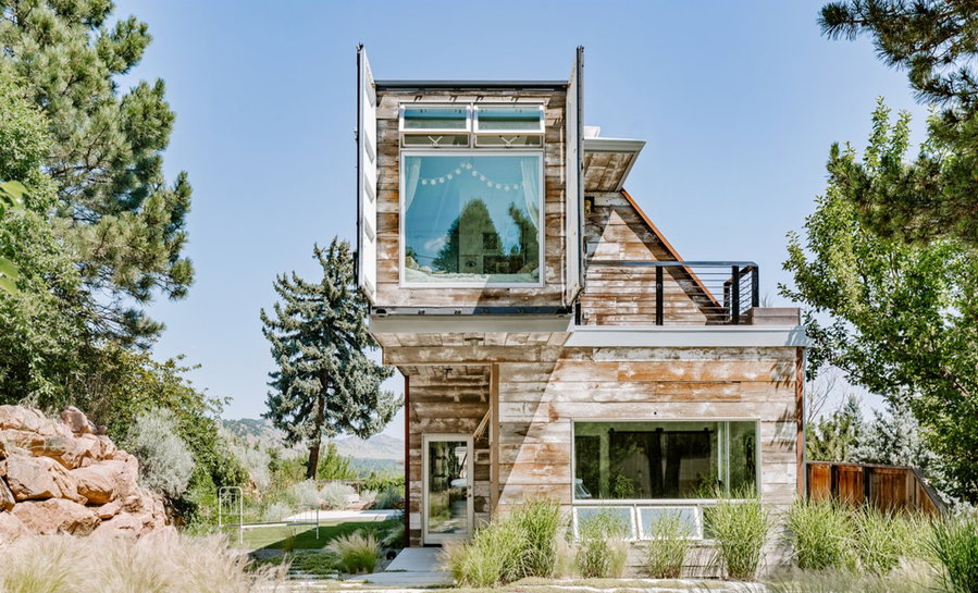 Exterior shot of a gorgeous upcycled shipping container home outside Boulder, Colorado.