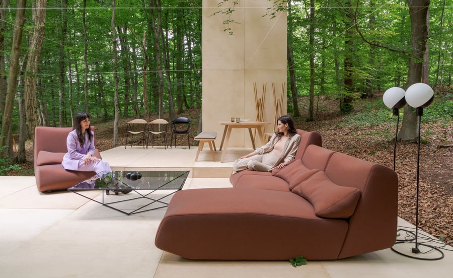 Prostoria furniture pieces arranged in the middle of a Croatian forest as part of the company's 