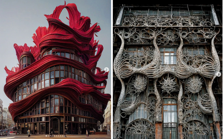 Surreal facades created by Hassan Ragab and the Midjourney AI art generator: the one on the left an interplay of glass walls and feathers, and the one on the right an organic take on a Gothic facade. 