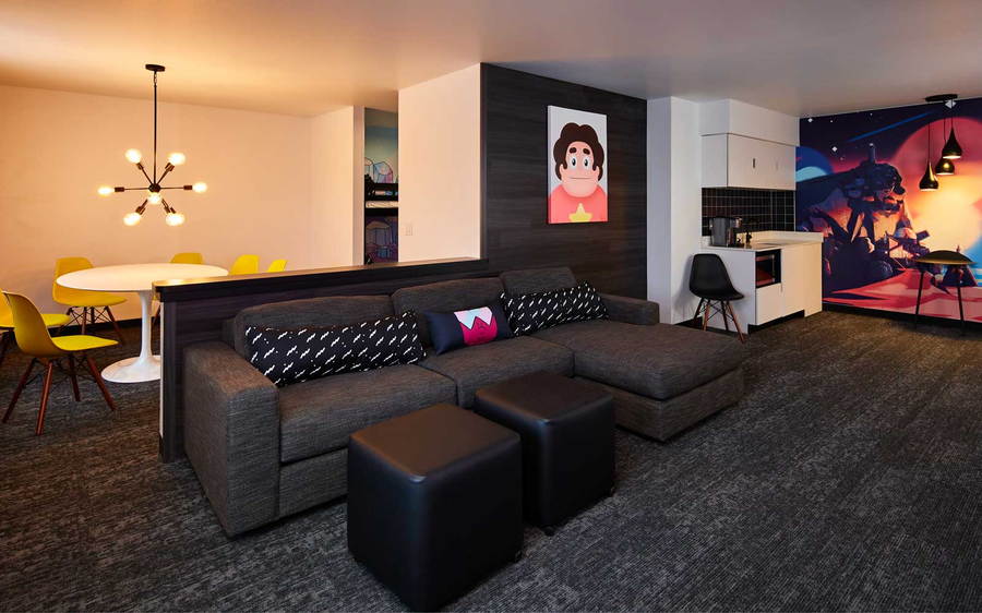 The living area inside one of the Cartoon Network Hotel's luxury suites.