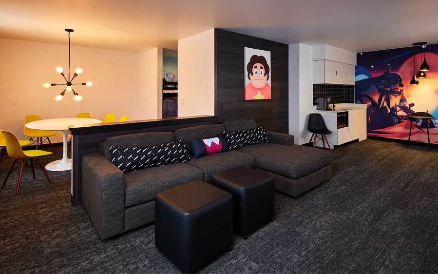 The living area inside one of the Cartoon Network Hotel's luxury suites.