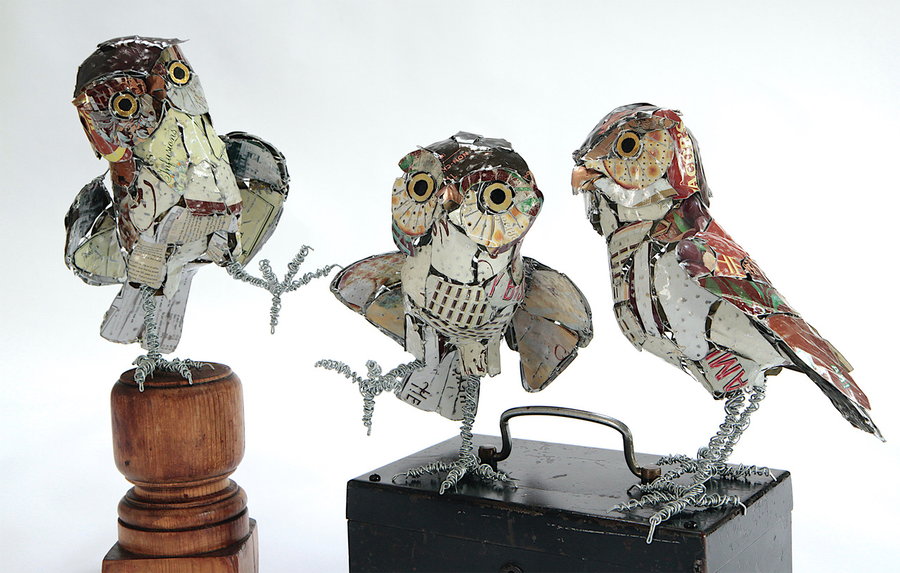 Chipper upcycled metal owls by artist Barbara Franc.