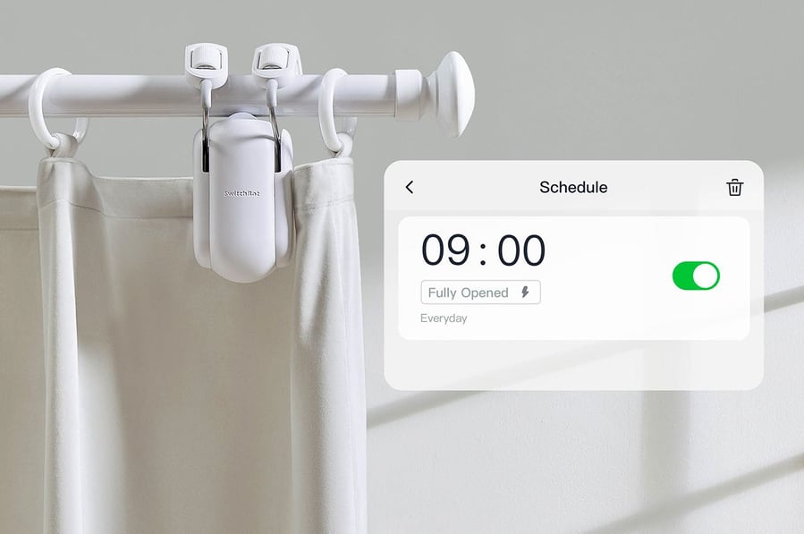 SwitchBot Smart Curtain Rod on an automatic timer.