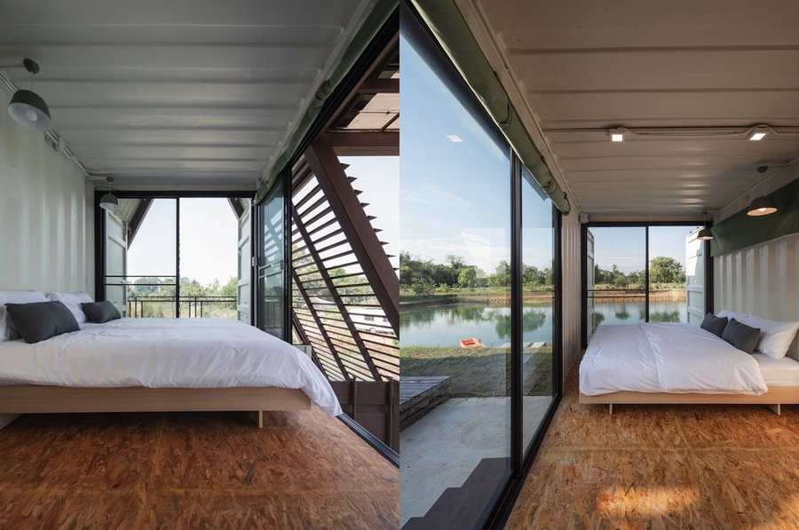 Simple bedroom space inside the Tung Jai Ork Babb-designed Container Cabin in rural Thailand.