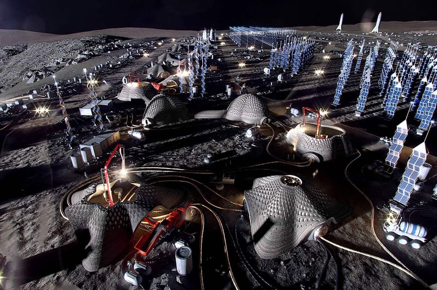 Solar energy would be transferred between towers like these to power SOM's proposed Moon Village.