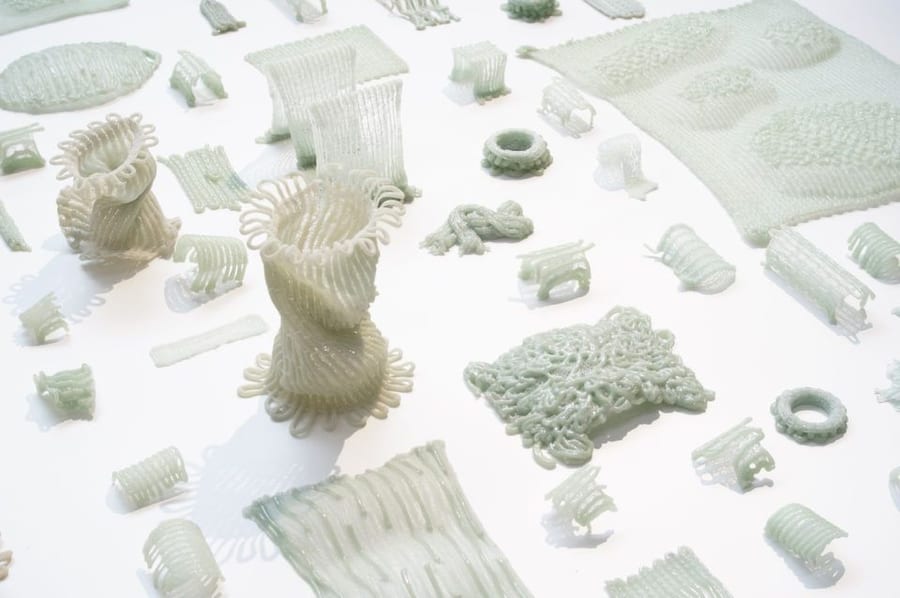 Several soft silica pieces by Sarah Roseman on display at Dutch Design Week 2022.