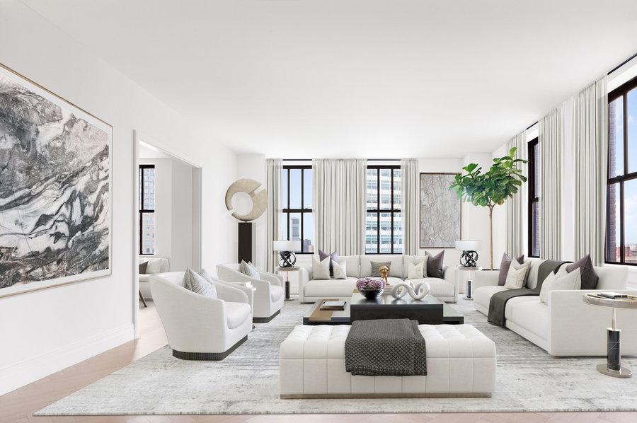 Spacious white living area inside Condo 20B at the historic 100 Barclay Street.