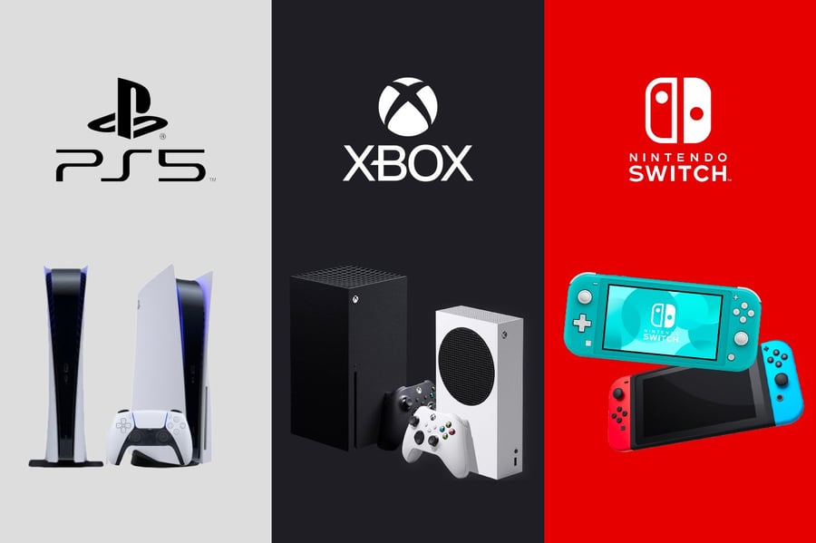 Side by side images of the Playstation 5, Xbox Series X, and Nintendo Switch. 