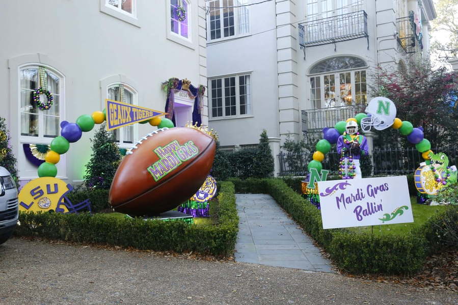 An LSU Football-themed house float created as a form of COVID-safe Mardi Gras celebration in 2021.