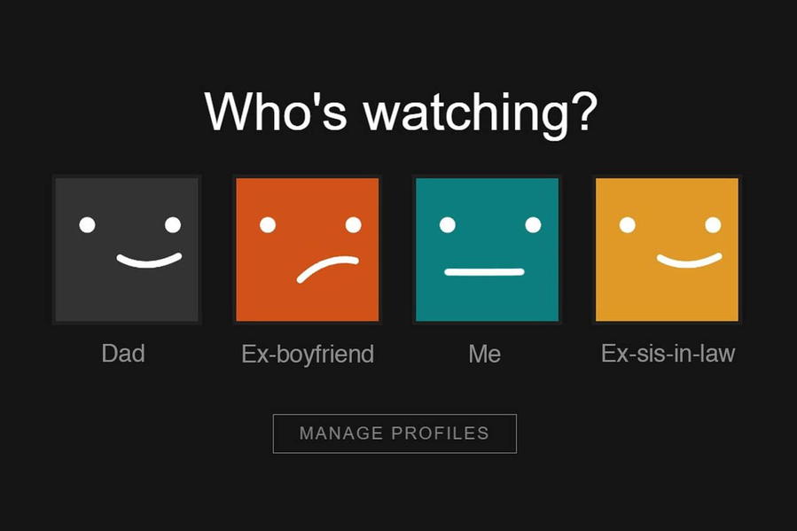 Comical Netflix Accounts screen, with users including 