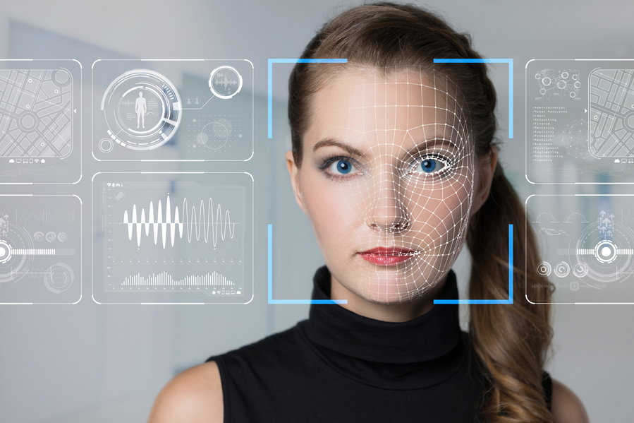 Graphic depicting advanced facial recognition tech being used on a young woman.