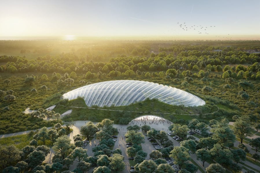 Renderings for the in-progress Tropicalia Greenhouse, the world's largest single-dome greenhouse.
