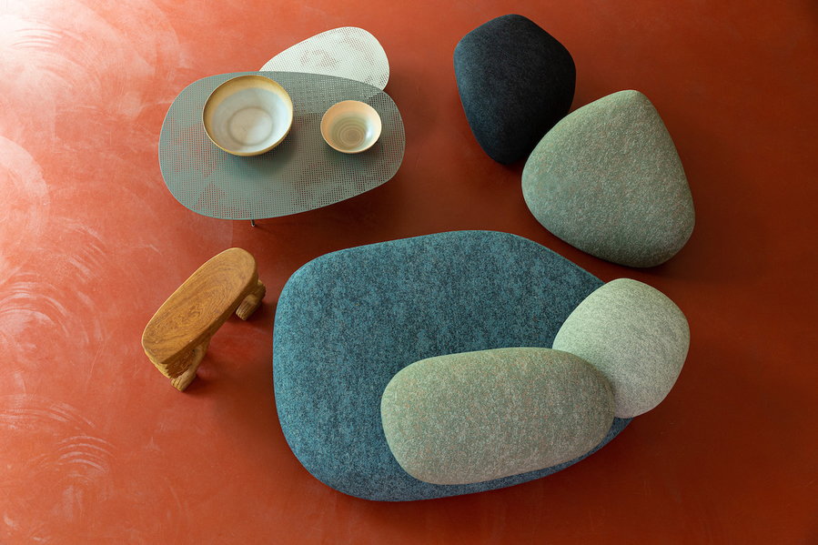 Overhead view of a nature-inspired sofa setup from Pebble Rubble. 