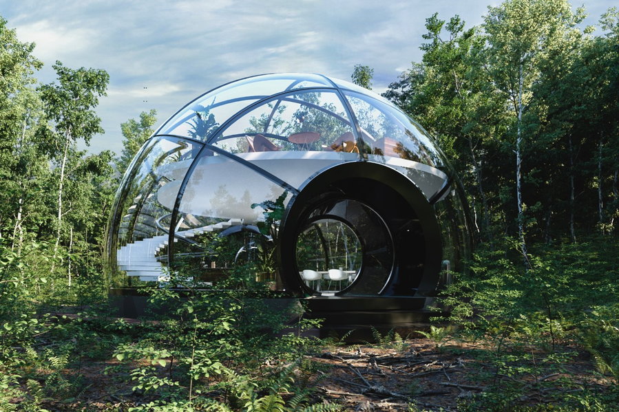 Rotating glass Living O’Pod dome home by UN10 Design. 