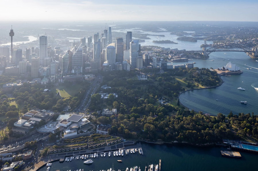Sydney Modern addition and land bridge in the context of its surroundings.